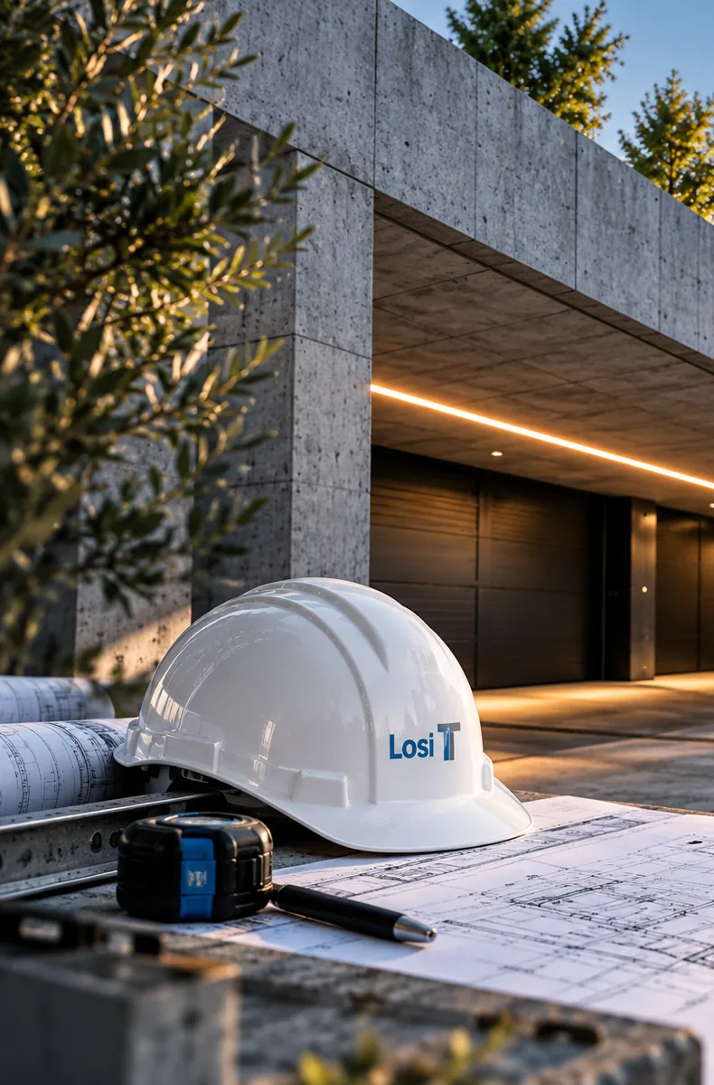 Bauhelm mit Losi-Bau-Zeichen, Bauzeichnungen, Zollstock und Maßband auf einer Betonmauer; dahinter die beleuchtete Einfahrt einer Betongarage im Abendlicht.
