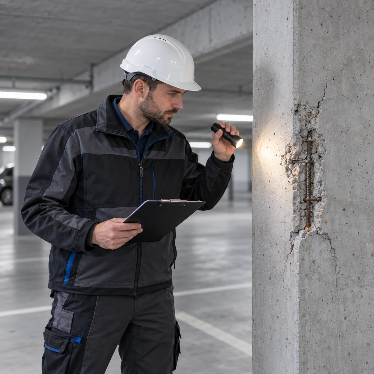 Bauleiter mit Helm und Klemmbrett leuchtet mit einer Taschenlampe auf eine aufgebrochene Schadstelle an einer Tiefgaragenstütze, die freigelegte Bewehrung ist stark korrodiert.