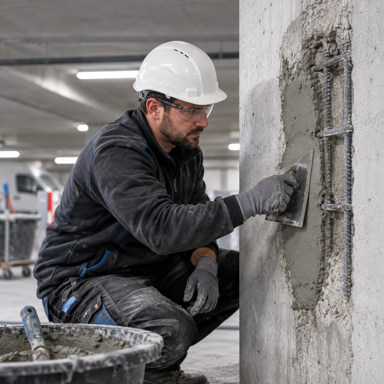 Handwerker mit Helm und Schutzbrille zieht mit der Glättkelle Mörtel auf eine aufgestemmte Stelle einer Betonstütze, die freigelegte Bewehrung liegt offen; daneben ein Mörtelkübel.