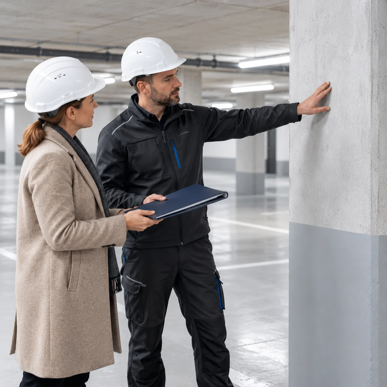 Bauleiter mit Mappe und eine Auftraggeberin, beide mit Helm, stehen vor einer fertig instand gesetzten Stütze in der Tiefgarage; er legt die Hand an die Oberfläche.