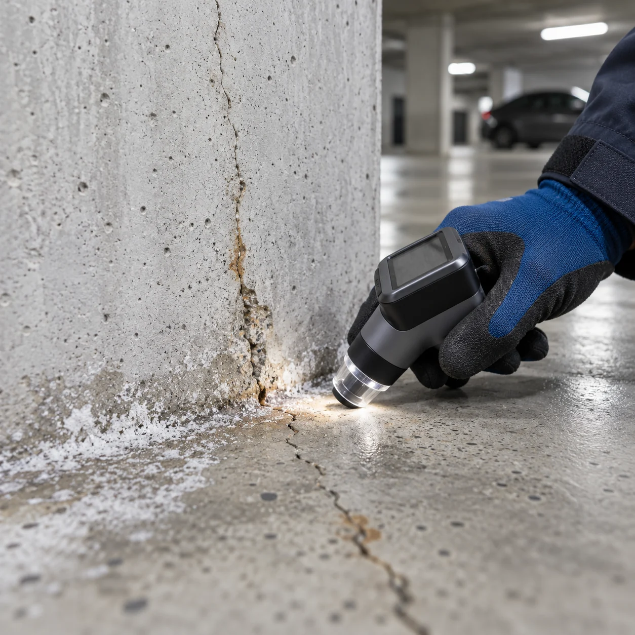 Riss am Fuß einer Betonstütze in einer Tiefgarage mit Rostfahne und weissen Ausblühungen; eine behandschuhte Hand leuchtet die Risskante mit einem Handgerät aus.