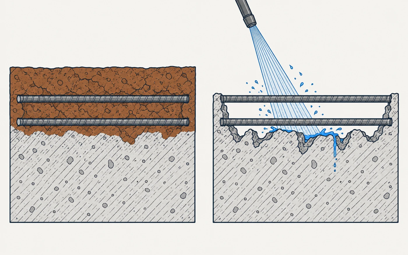 Dasselbe Betonbauteil zweimal: links vor dem Abtrag mit geschädigter, chloridbelasteter Zone über der Bewehrung; rechts nach dem Höchstdruckwasserstrahlen, der Wasserstrahl kommt von oben, die Stäbe stehen frei und blank über einer stark zerklüfteten Abtragsfläche
